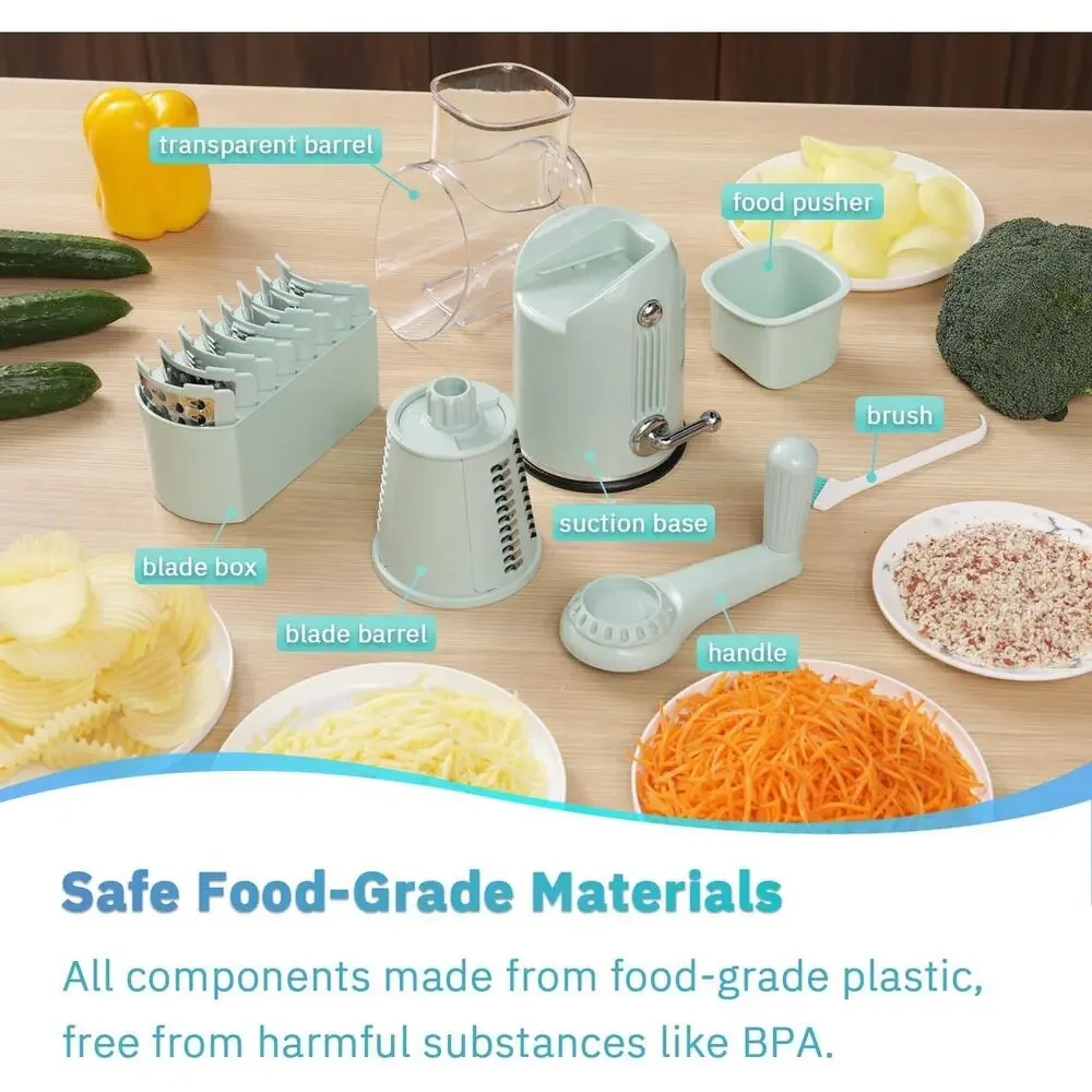 Manual Rotary Cheese Grater 5-in-1 with Suction Base Vegetable Slicer Green